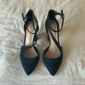 Soft suede black strappy pointed toe heels with zipper and buckle